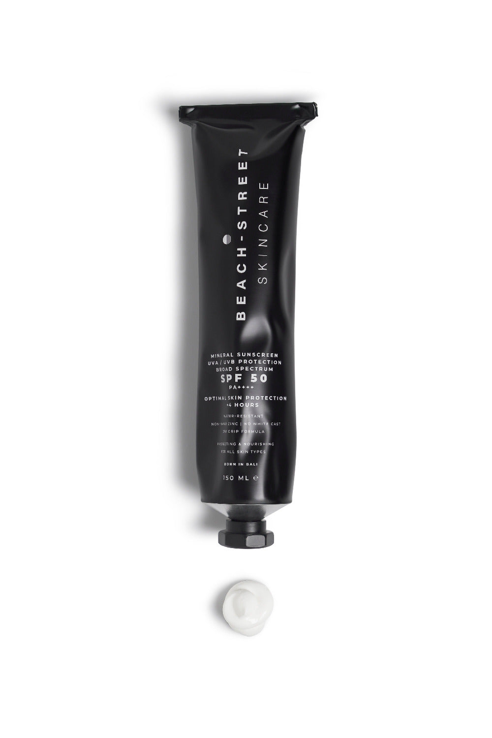 Black sunscreen tube with 'Beach Street Skincare' branding on a white background