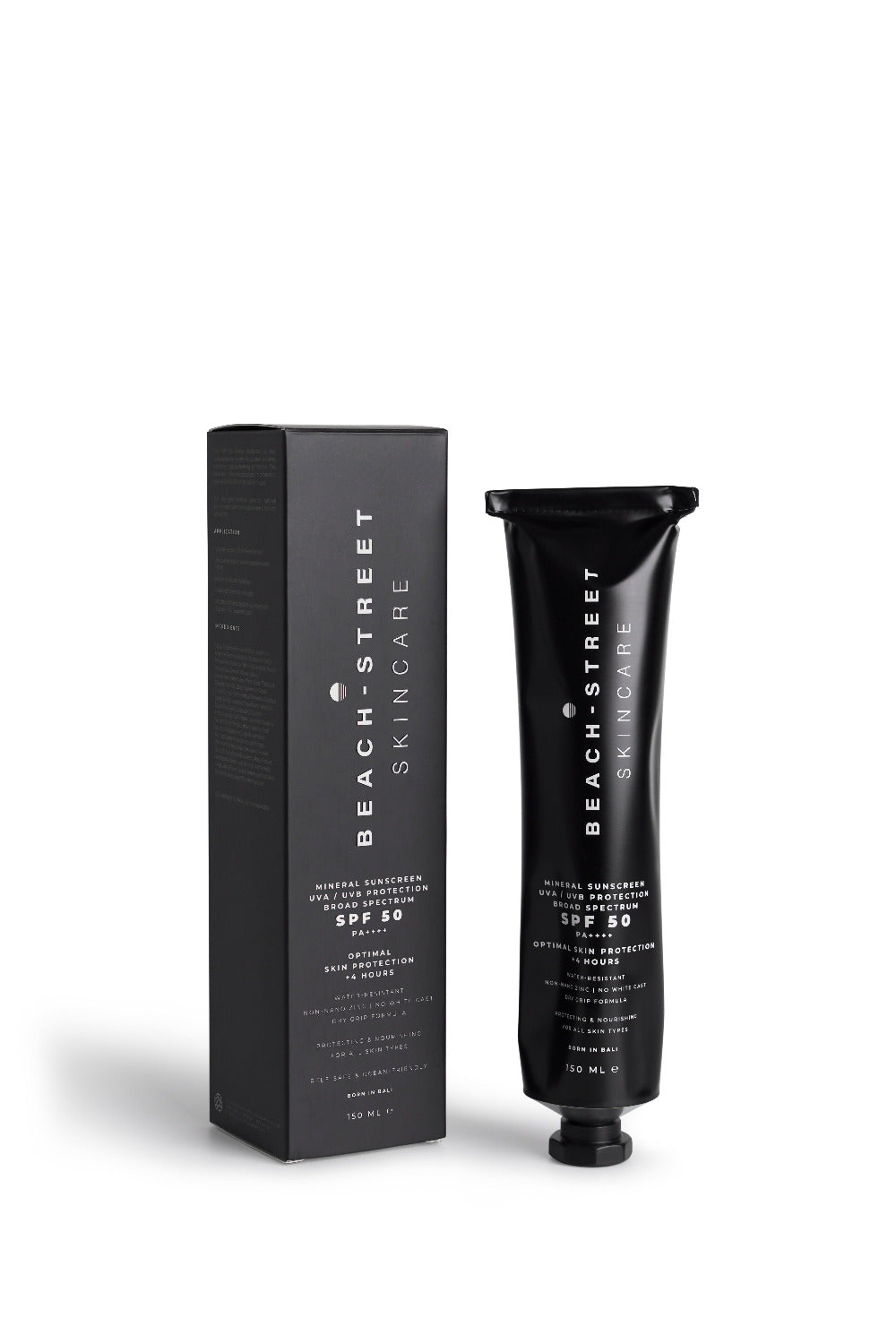 Black Beach Street Skincare tube and packaging on a white background