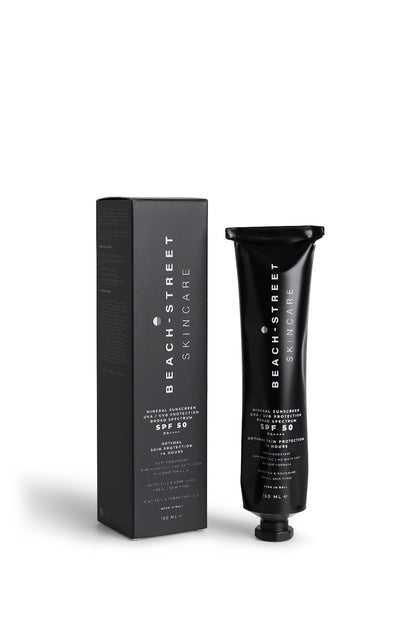 Black Beach Street Skincare tube and packaging on a white background